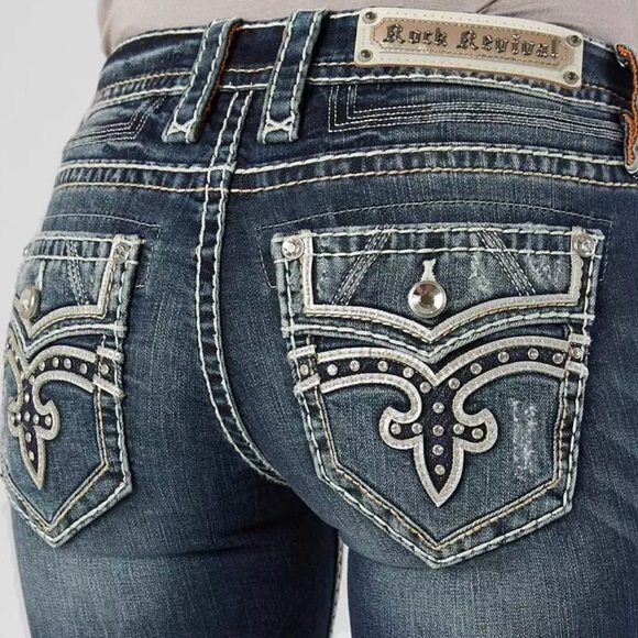 Rock Revival Priya Straight Stretch Jeans distressed rips bling 27 EUC - Picture 2 of 15